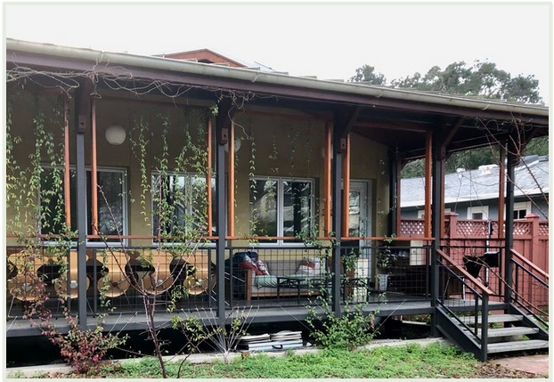 View of Magic's front porch showing new vines and trellis